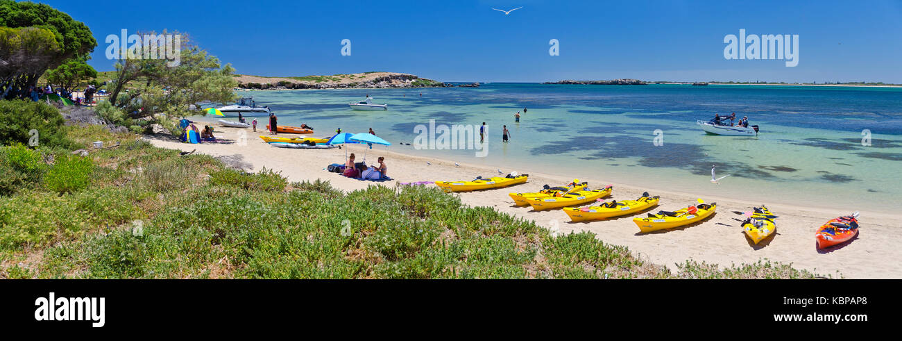 Picnickers and kayakers on a beach on Penguin Island where tourists come to see the penguin colony and other wildlife. Stock Photo