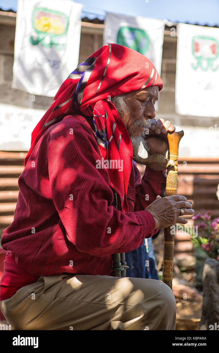 January 31, 2015 San Pedro la Laguna, Guatemala: tata Pedro Cruz one of the last authentic elderly Mayan shamans performing a ritual Stock Photo