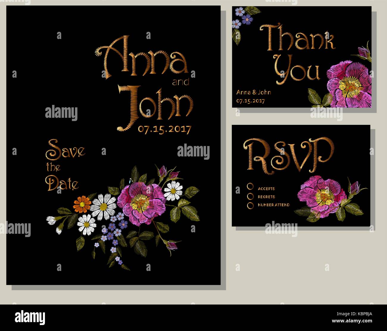 Floral wedding cards design suite template. Rustic field flower wild rose daisy gerbera herbs. Save the date greeting card RSVP thank you. Embroidery  Stock Vector