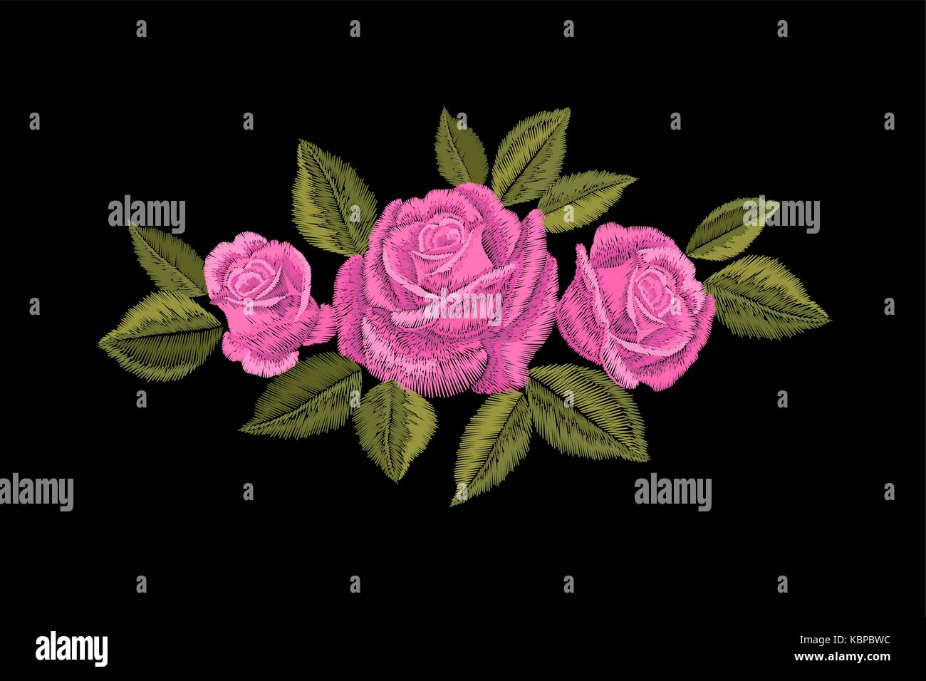 Embroidery pink rose. Fashion patch decoration sticker. Flower embroidered ornament arrangement. Traditional ethnic fabric textile print vector illust Stock Vector