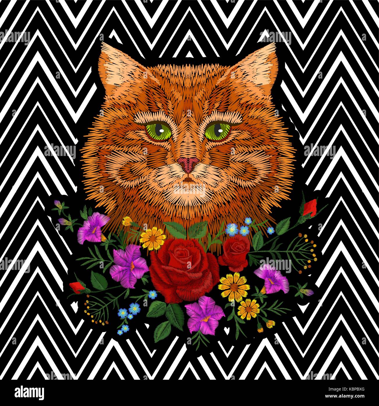 Red orange striped cat green eyes face head flower arrangement . Embroidery design print textile decoration stitch texture patch badge stripe backgrou Stock Vector