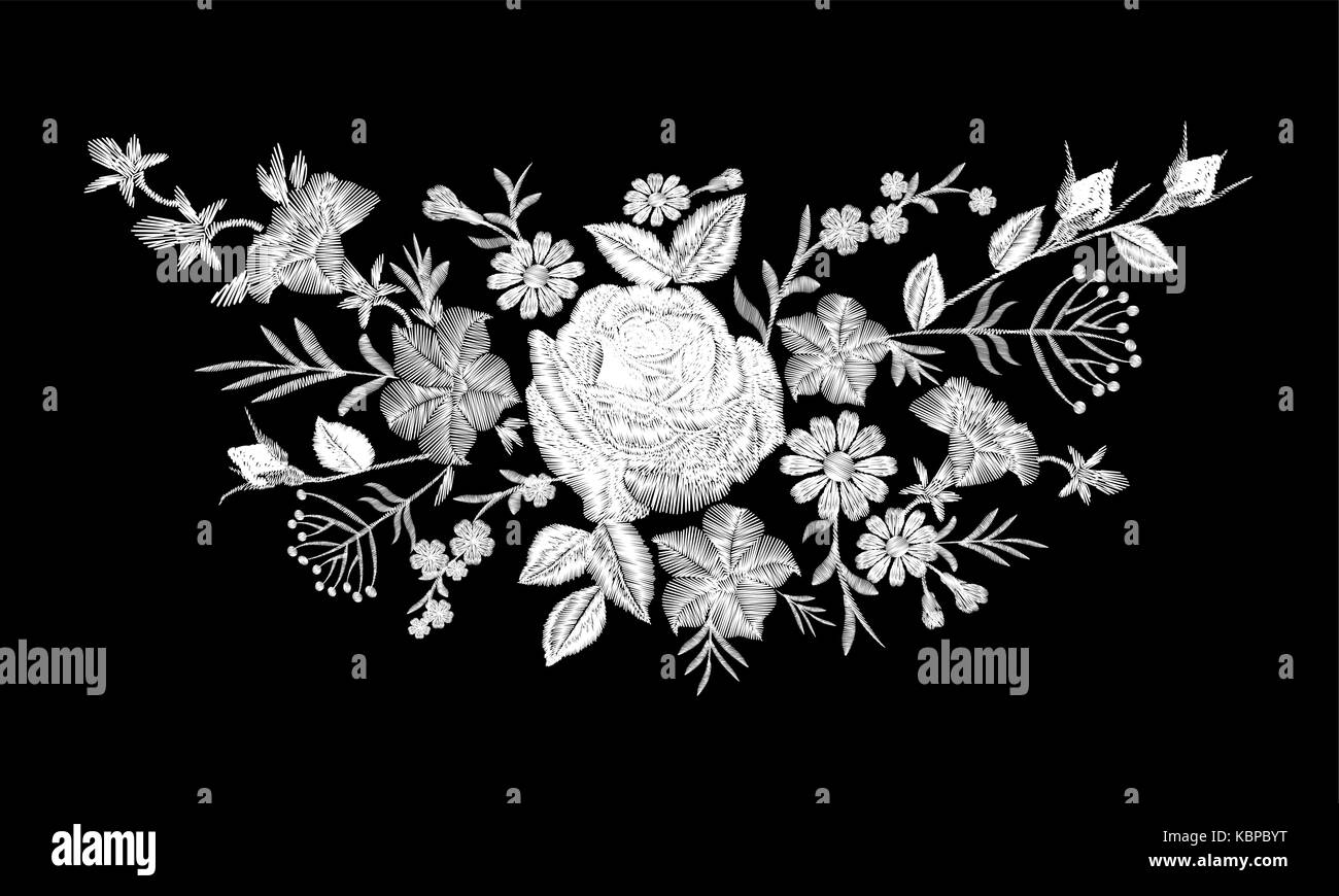 Floral monochrome white rose embroidery neckline arrangement. Vintage Victorian flower ornament fashion textile decoration. Stitch texture vector illu Stock Vector