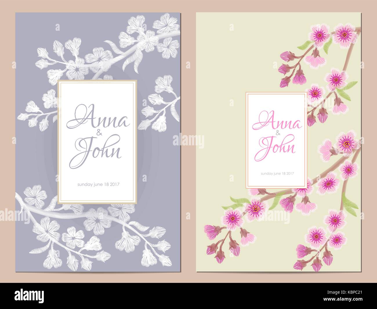Delicate flowers sakura blossom wedding invitation. Save the date greeting card floral design. Oriental rustic traditional vintage embroidery vector t Stock Vector