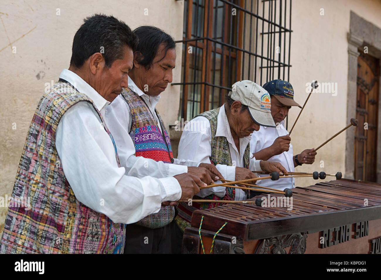 February 14, 2015 Antigua Guatemala indigenous maya men marimba band performing on the street