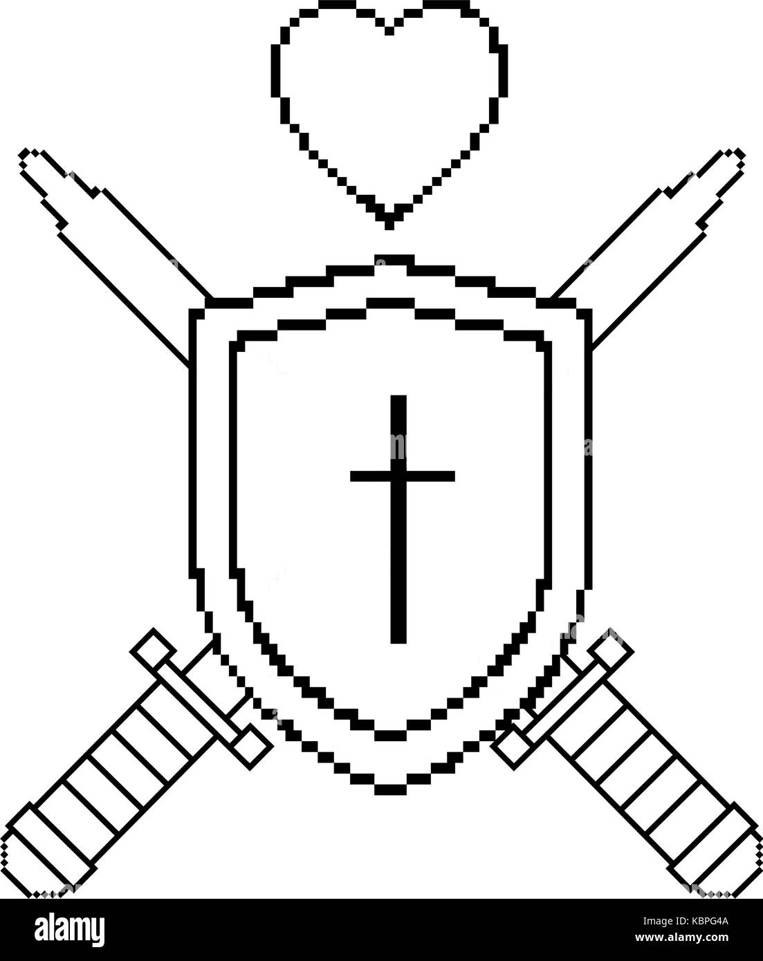 pixelated shield with sword and heart vector illustration design Stock ...