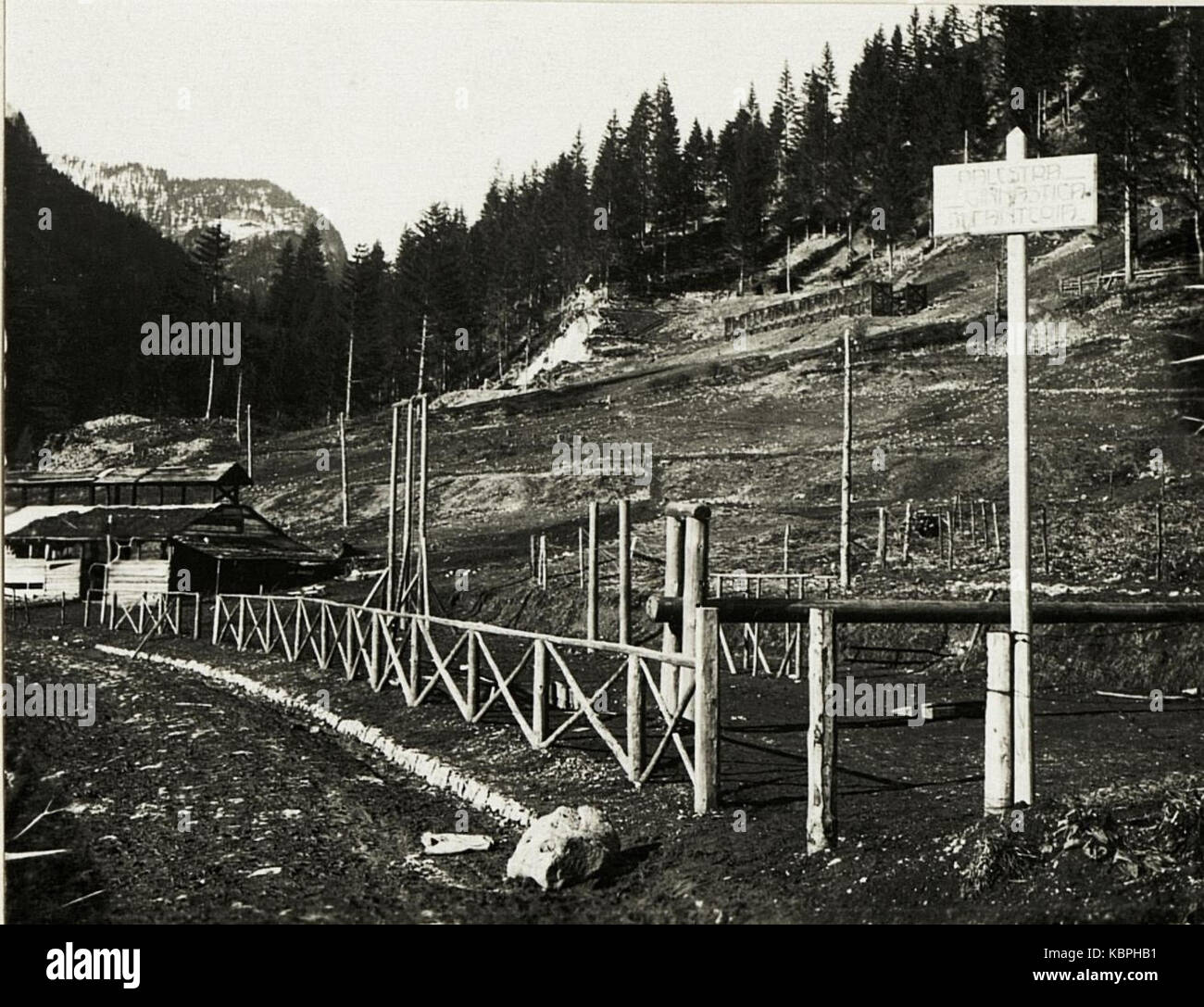Photograph of an Italian playground in Pian, showing play equipment and children, likely taken in the mid-20th century. Stock Photo