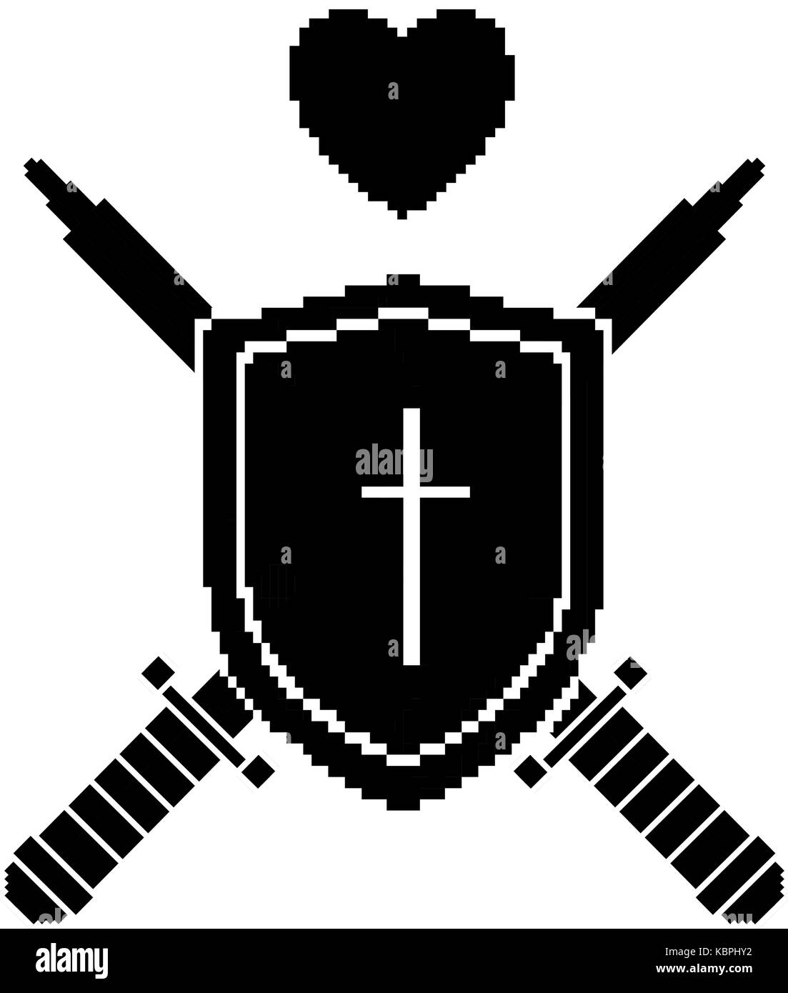 pixelated shield with sword and heart vector illustration design Stock ...