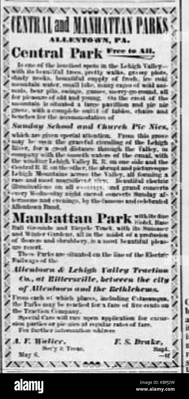 1896 Central Park Newspaper Ad Allentown PA Stock Photo Alamy
