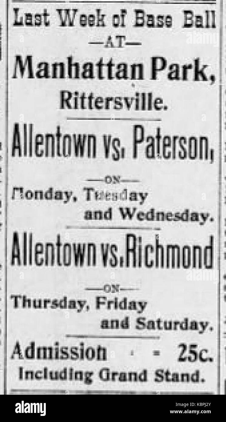 1898 Manhattan Park Newspaper Ad Allentown PA Stock Photo Alamy