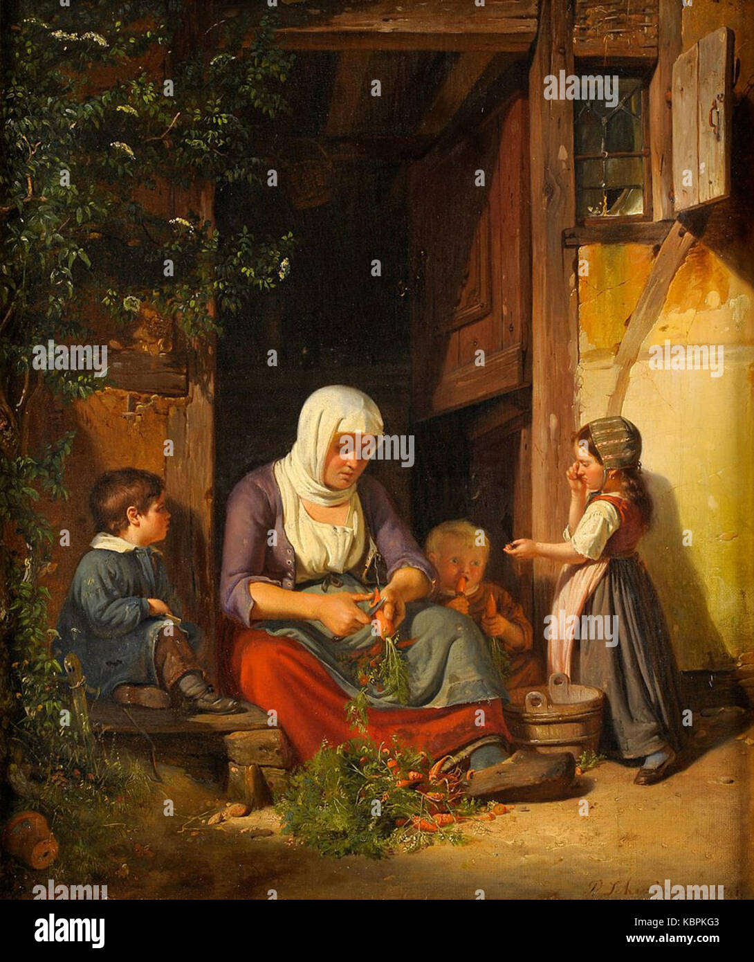 'Mother with her Children' by Peter Schwingen portrays a tender family scene, emphasizing maternal care and the connection between mother and children in a domestic setting. Stock Photo