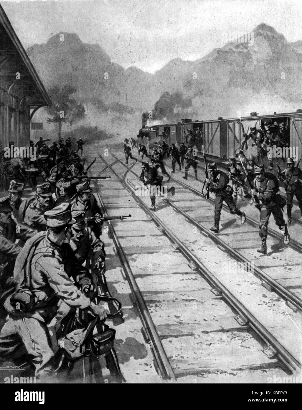 Romanian soldiers are seen surprising the enemy at Gyimes station, a ...
