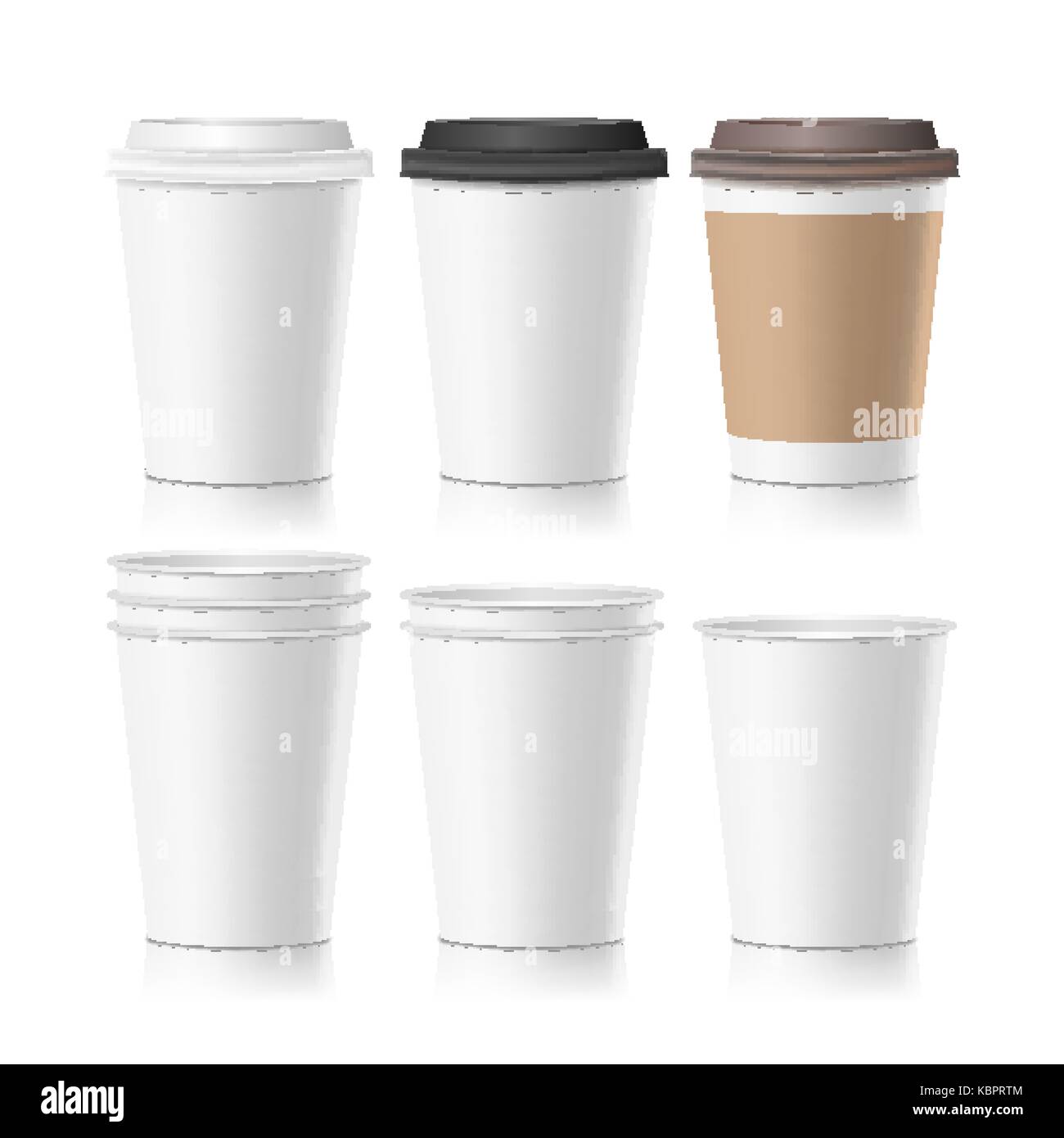 Set Coffee Paper Cups Vector. Empty Clean Paper Collection 3d Coffee Cup Mockup. Isolated Illustration Stock Vector