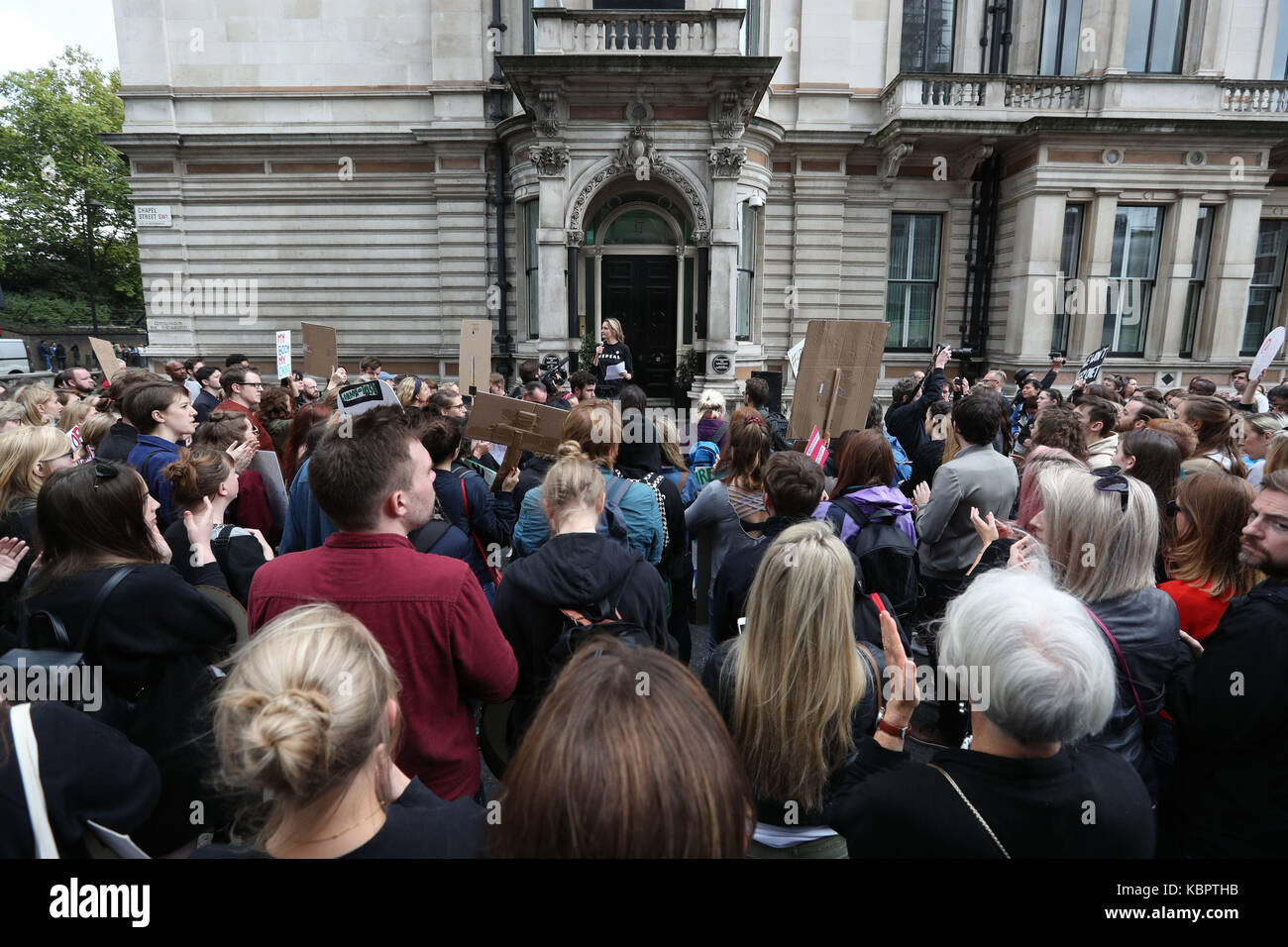 Leader of the Women's Equality Party Sophie Walker addresses demonstrators outside the embassy of Ireland on Chapel Street, Belgravia, London, as they take part in the 'London March of Choice', an abortion rights event held after Taoiseach Leo Varadkar said a referendum on abortion rights in Ireland will likely be held next summer. Stock Photo