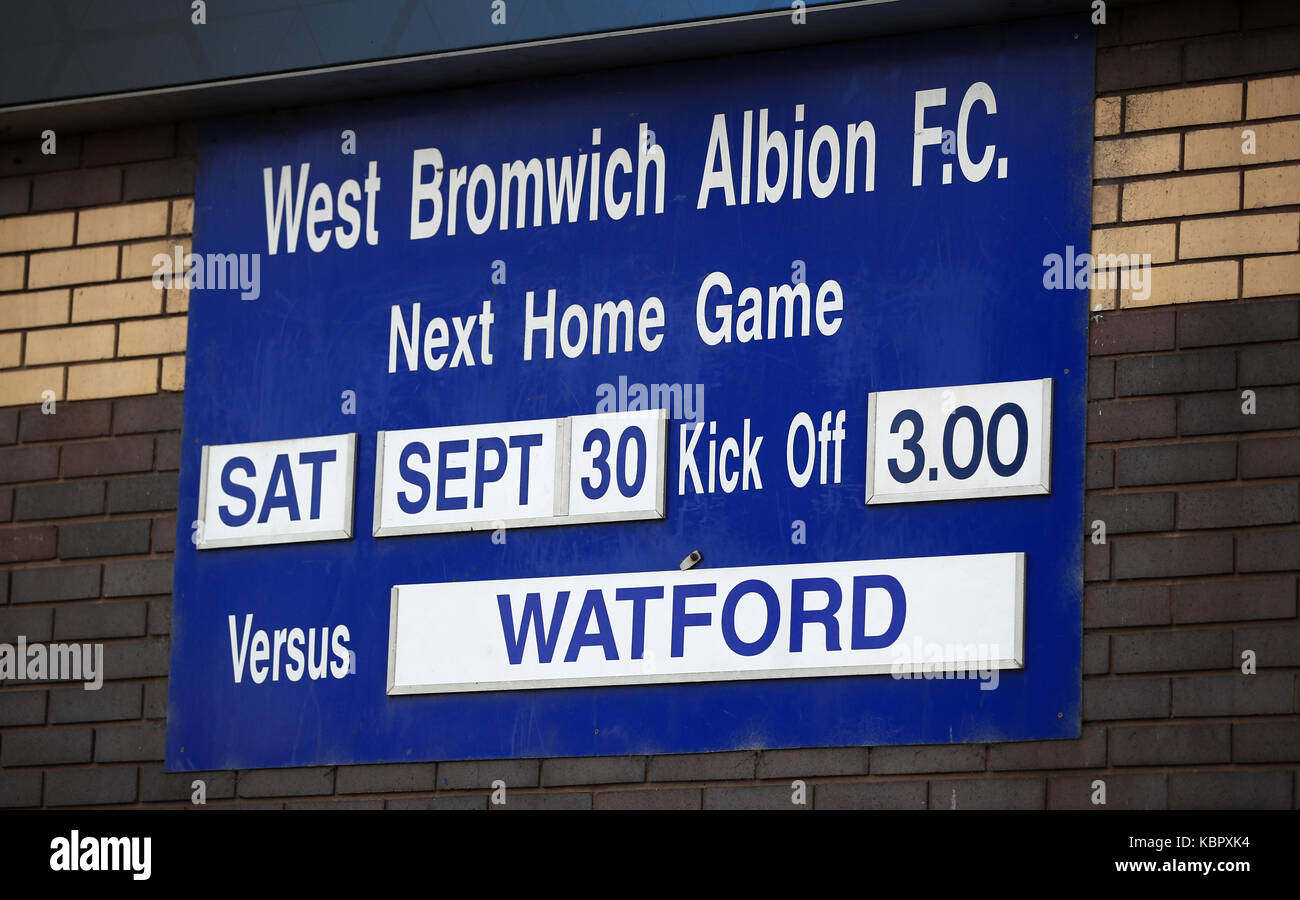 A general view of a fixture board during the Premier League match at The Hawthorns, West Bromwich. PRESS ASSOCIATION Photo. Picture date: Saturday September 30, 2017. See PA story SOCCER West Brom. Photo credit should read: Mike Egerton/PA Wire. RESTRICTIONS: No use with unauthorised audio, video, data, fixture lists, club/league logos or 'live' services. Online in-match use limited to 75 images, no video emulation. No use in betting, games or single club/league/player publications Stock Photo
