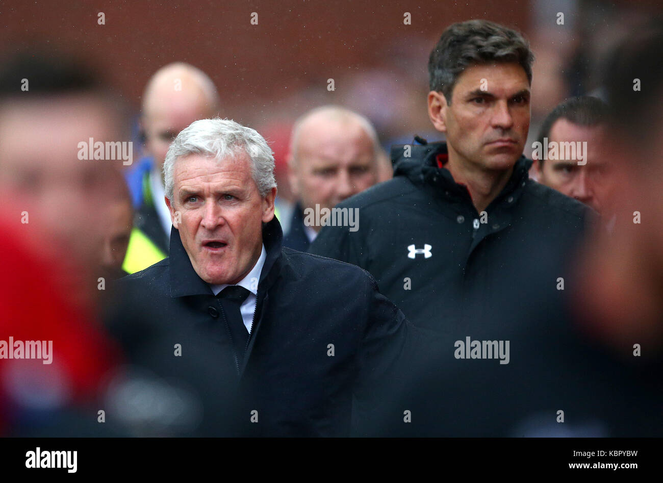 Stoke City manager Mark Hughes (left) and Southampton manager Mauricio Pellegrino before the Premier League match at the bet365 Stadium, Stoke. Stock Photo