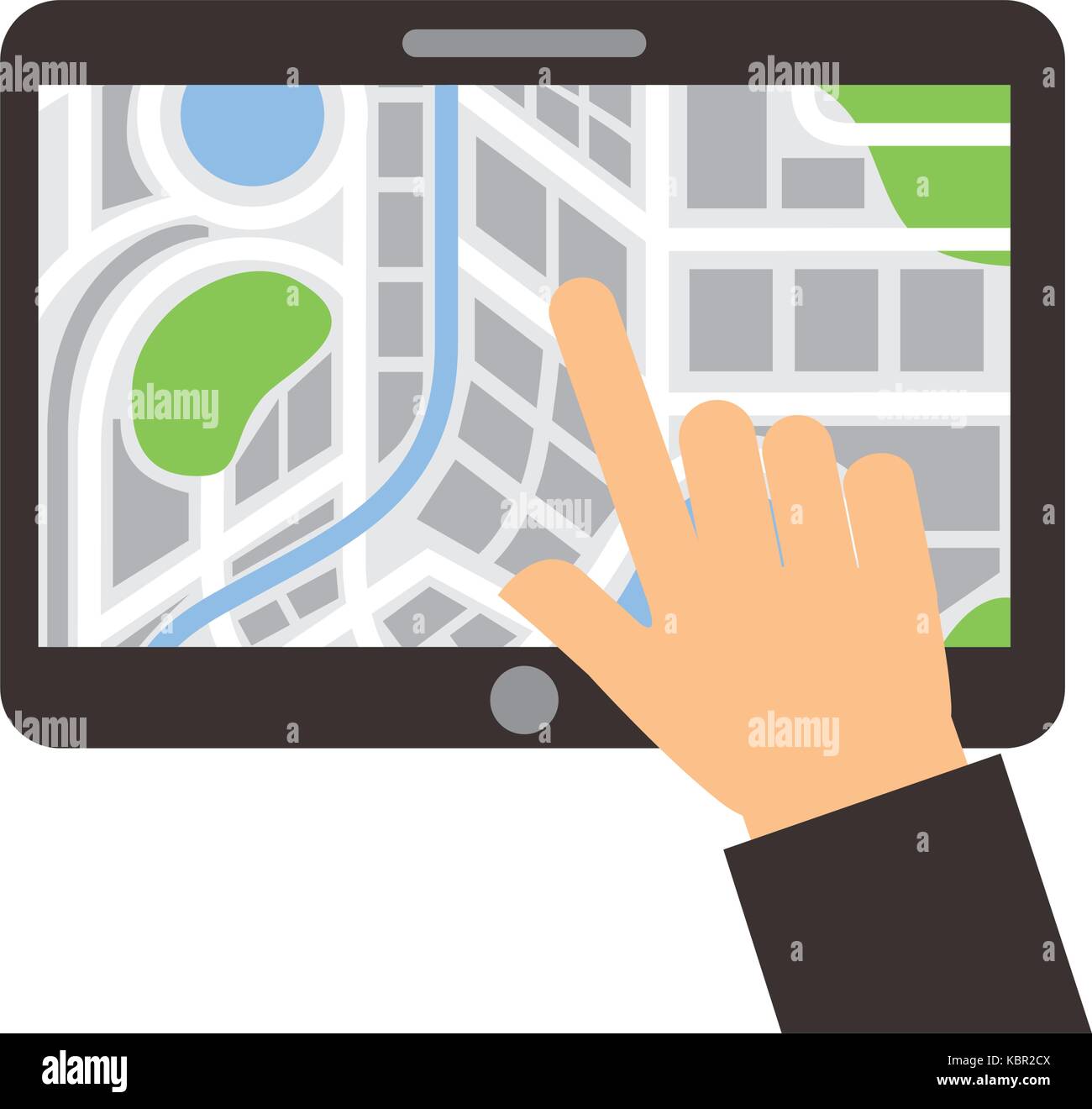 hand touching tablet pc with street map pointer mobile gps navigation ...