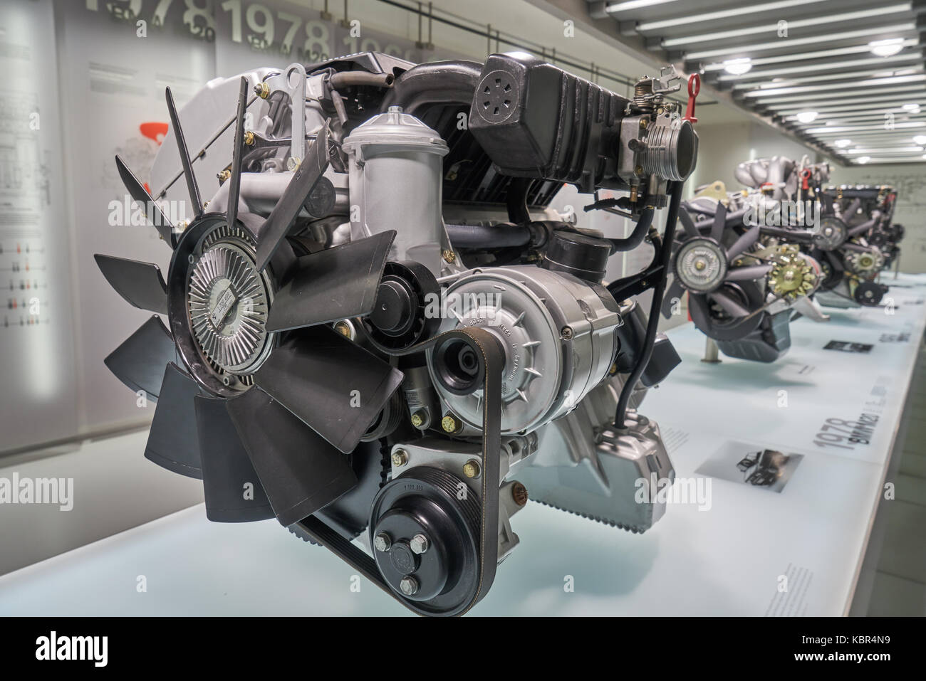 engines of cars on display in BMW Museum, Munich, where shown the