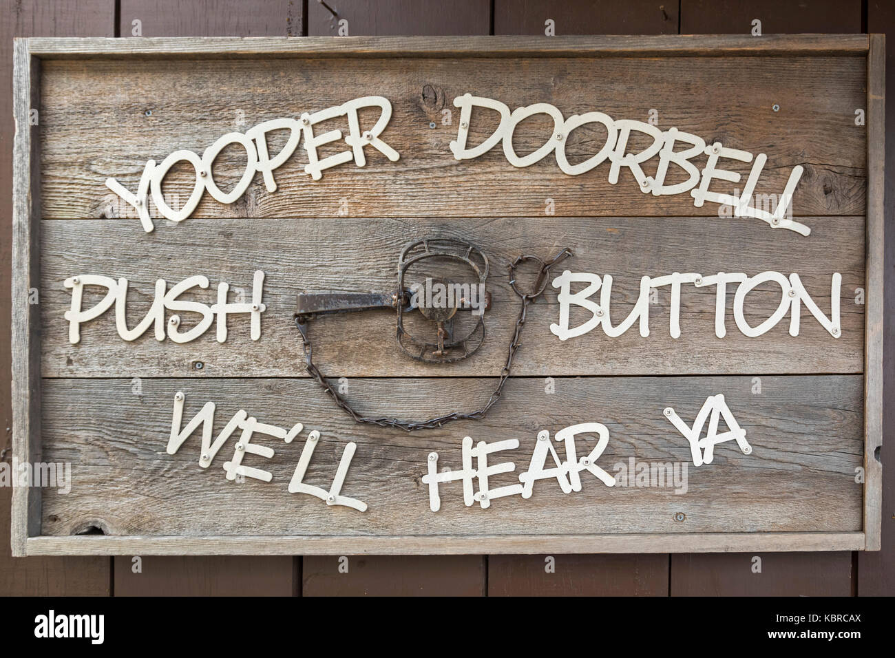 Ishpeming, Michigan - A 'Yooper Doorbell' at Da Yoopers Tourist Trap. The attraction features a humorous and self-deprecating look at the culture of M Stock Photo