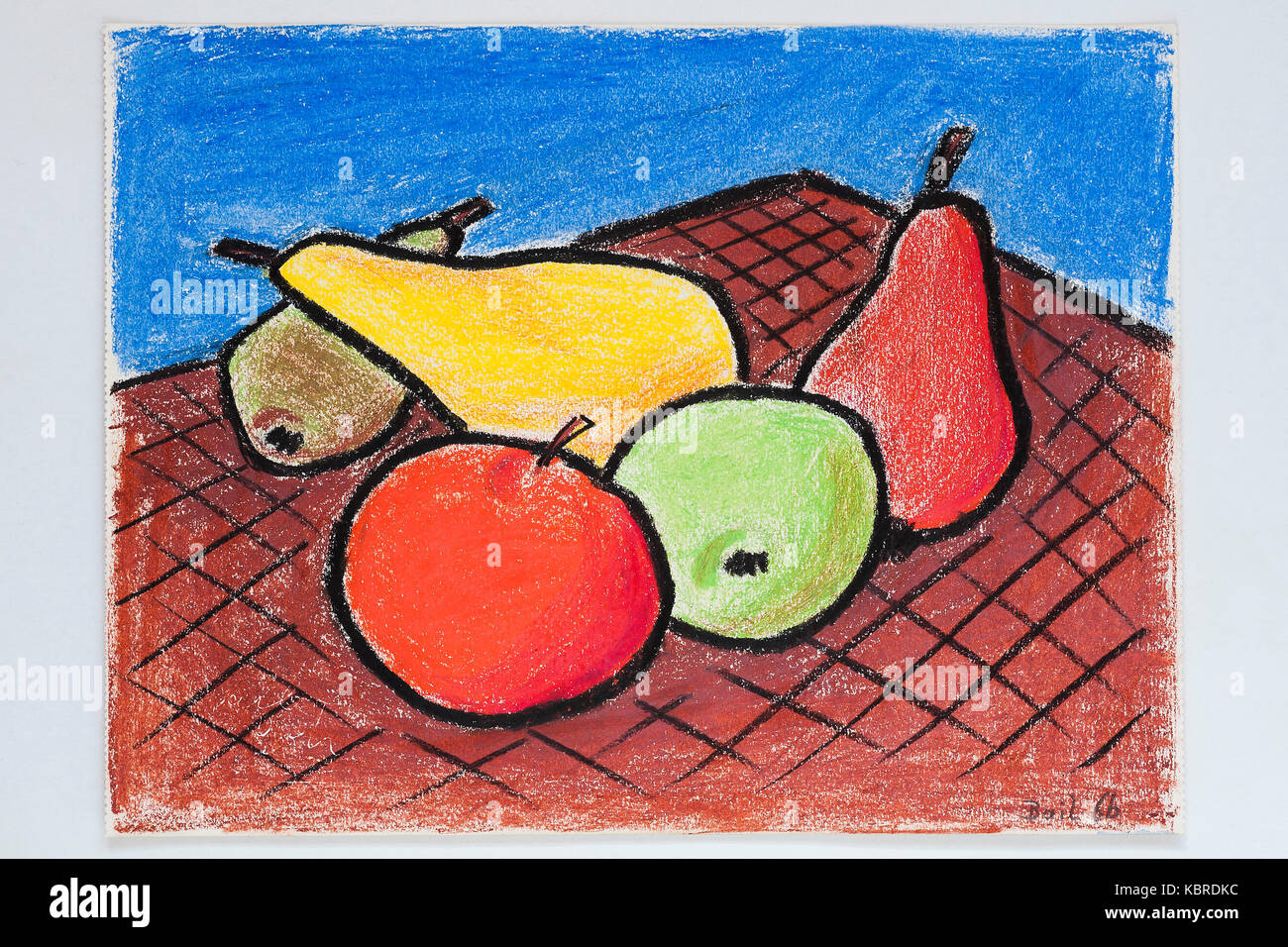 Fruit, drawing, wax crayon, wax crayon, wax crayon, fat pencil, children's drawing, 12 years, Germany Stock Photo