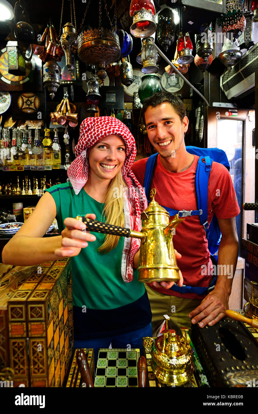 Tourist buy souvenirst, Al Balat, Amman, Jordan Stock Photo