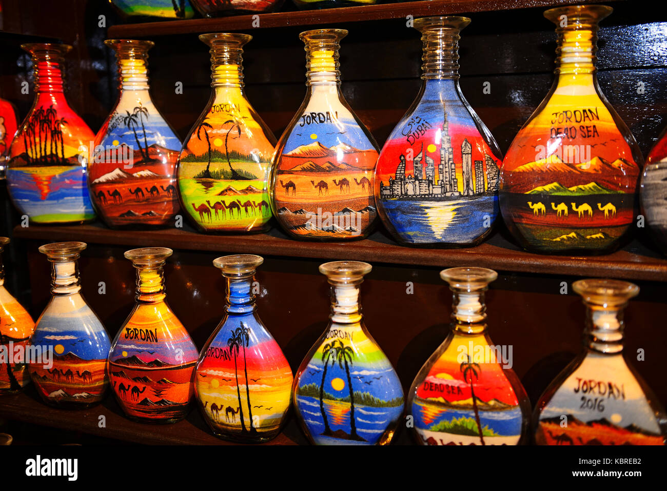 Typical Souvenir, handcrafted sand bottles with desertmotives, camels