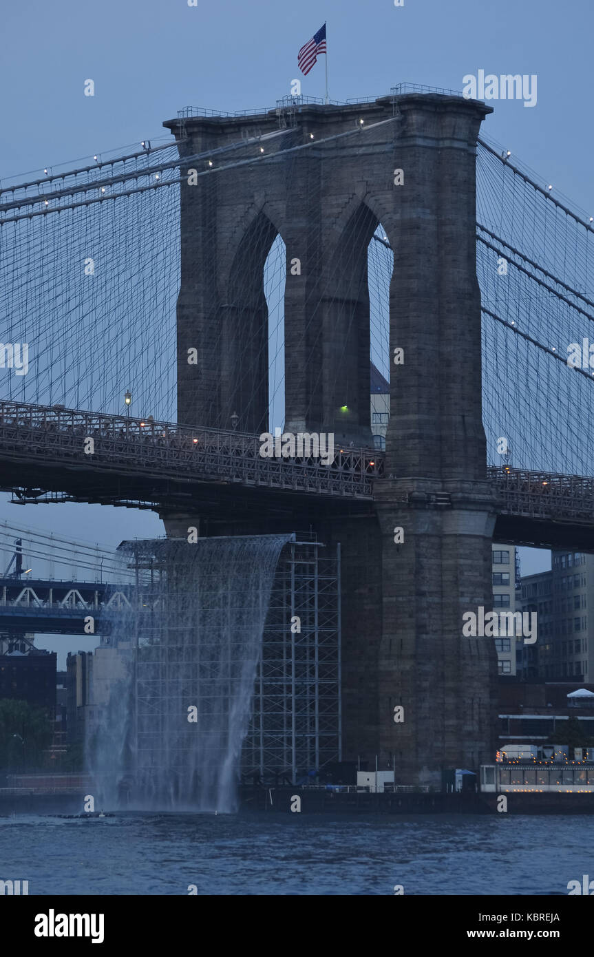 Man-Made Waterfalls under the Brooklyn Bridge Stock Photo