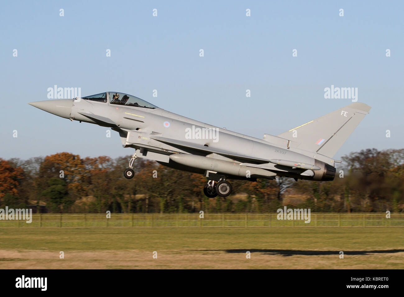 Unmarked RAF Eurofighter Typhoon FGR4 landing at RAF Coningsby following a local training sortie. Stock Photo