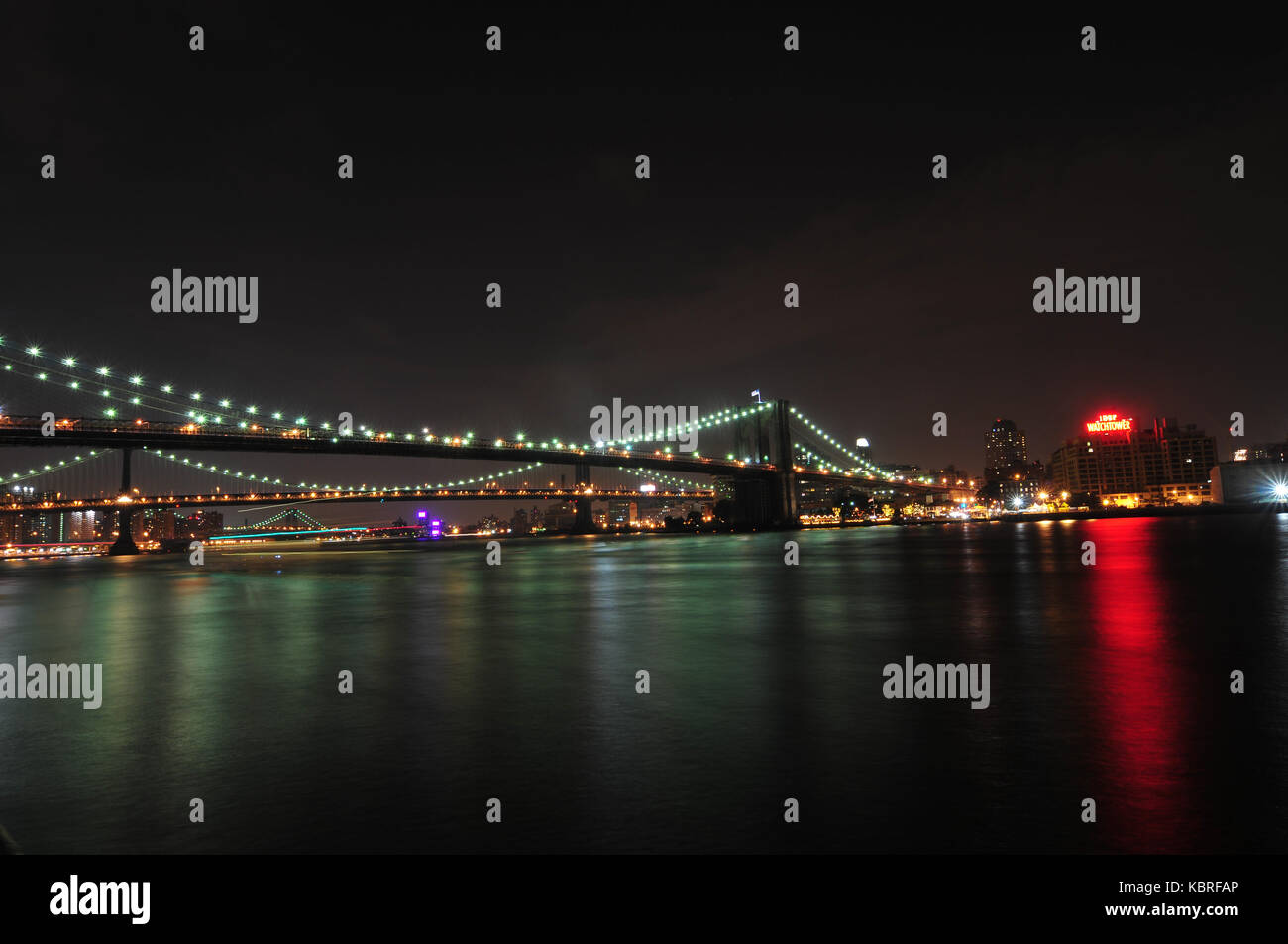 New York City - June 27, 2008: Brooklyn Bridge closeup over East River ...
