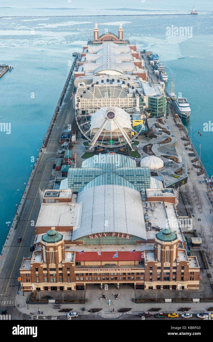 Aerial view of Navy Pier and Lake Michigan. Stock Photo