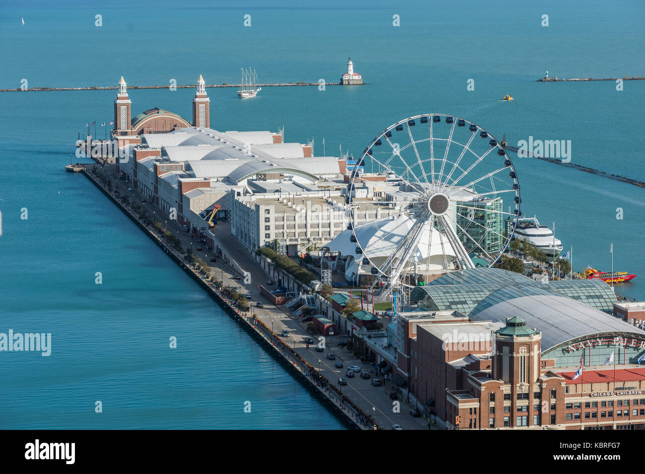 Aerial view of Navy Pier and Lake Michigan. Stock Photo