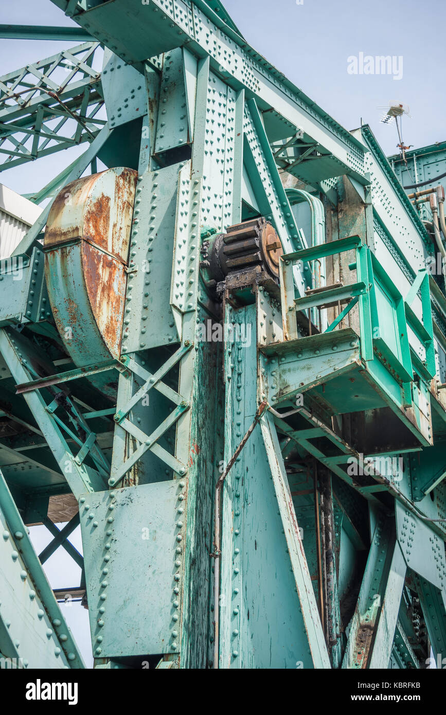 Detail of historic Scherzer rolling lift bascule bridge over the Des Plaines River. Stock Photo