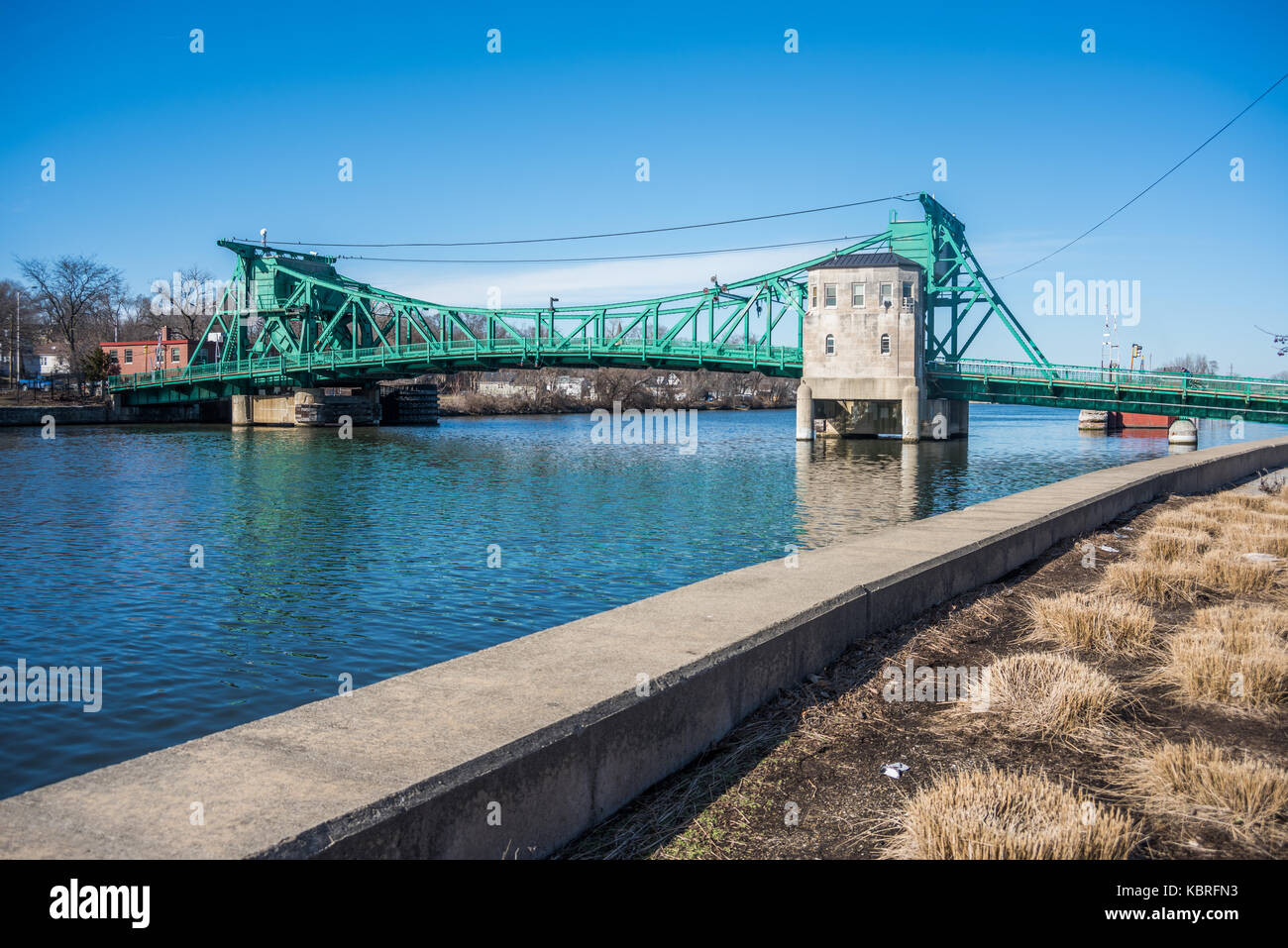 Historic Scherzer rolling lift bascule bridge over the Des Plaines River. Stock Photo