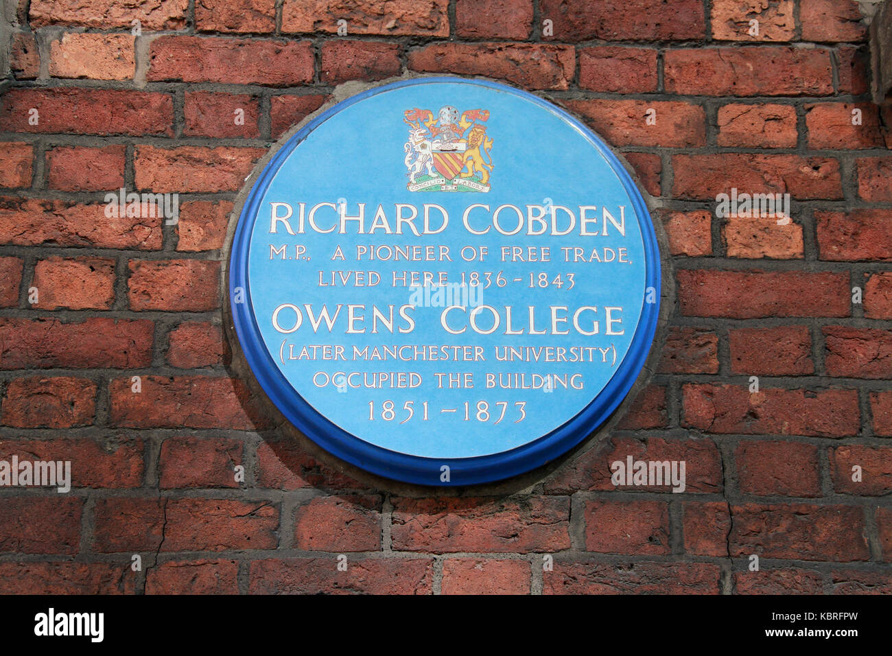 Richard Cobden blue plaque in Manchester Stock Photo