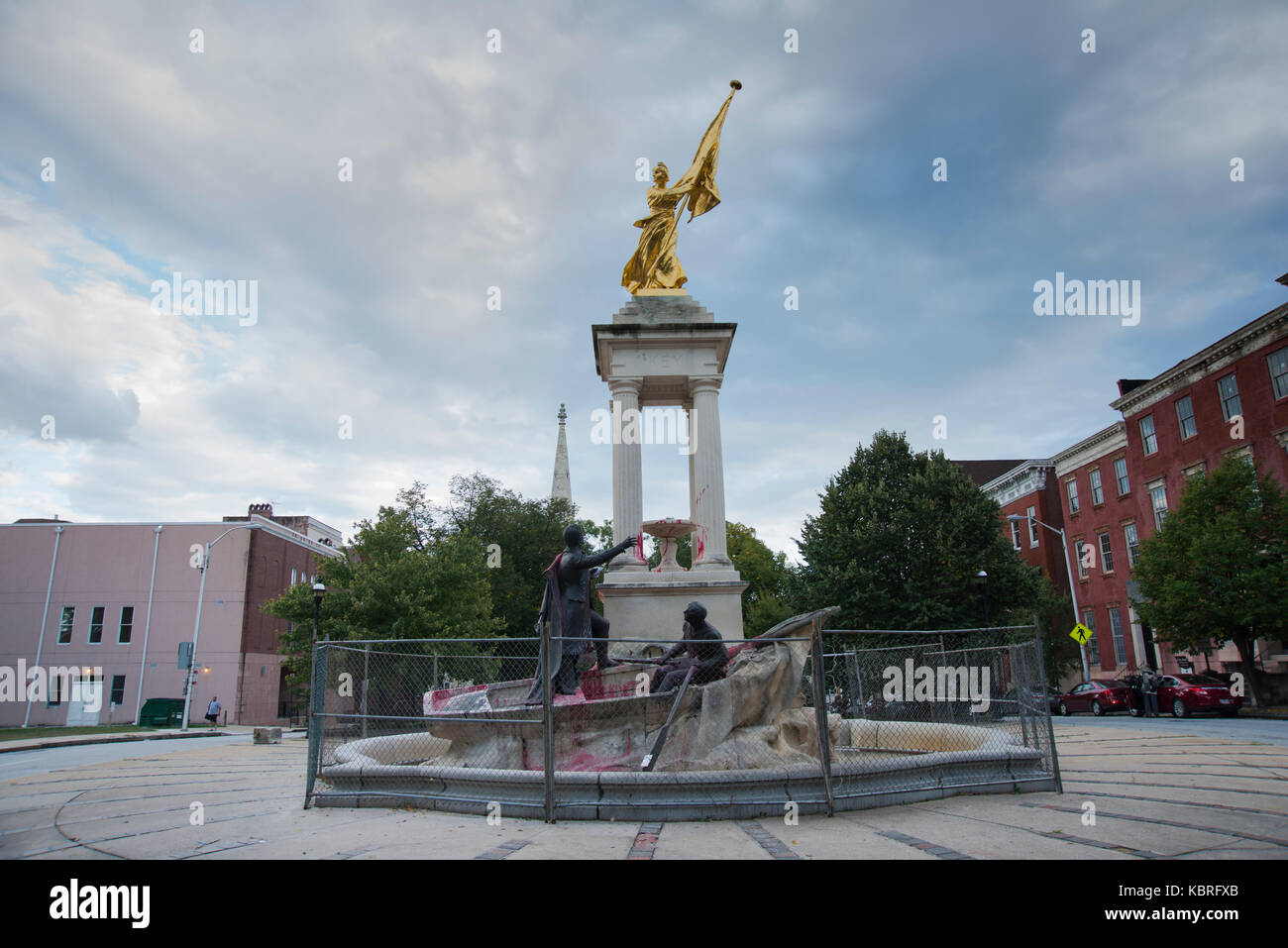 Francis Scott Key statue in Bolton Hill vandalized with spray-paint. Baltimore city recently removed three monuments honoring Confederate figures Stock Photo
