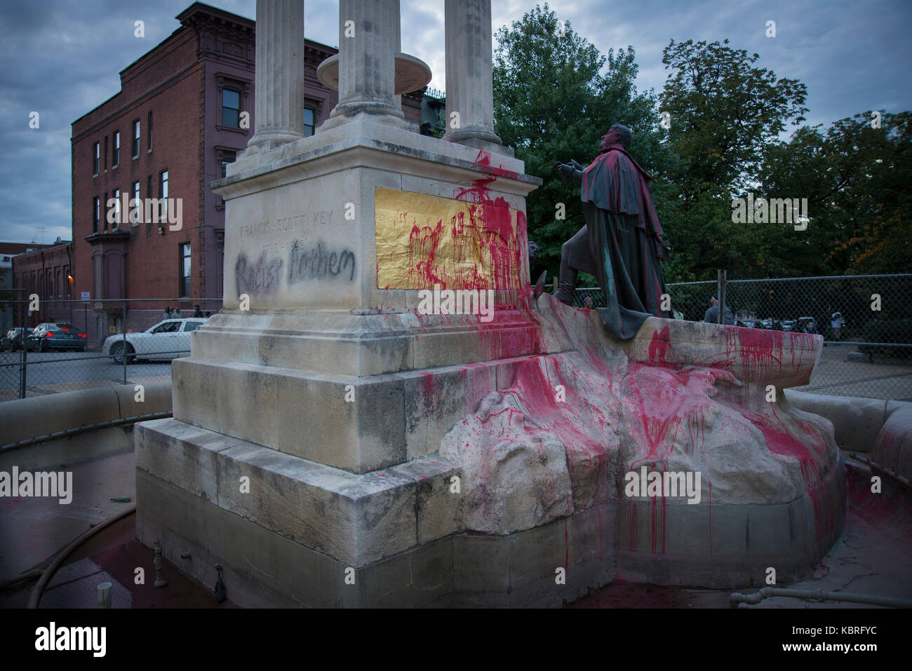 Francis Scott Key statue in Bolton Hill vandalized with spray-paint. Baltimore city recently removed three monuments honoring Confederate figures Stock Photo