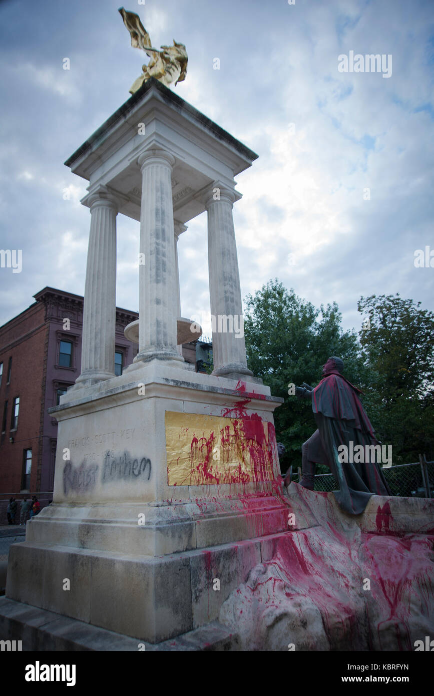 Francis Scott Key statue in Bolton Hill vandalized with spray-paint. Baltimore city recently removed three monuments honoring Confederate figures Stock Photo