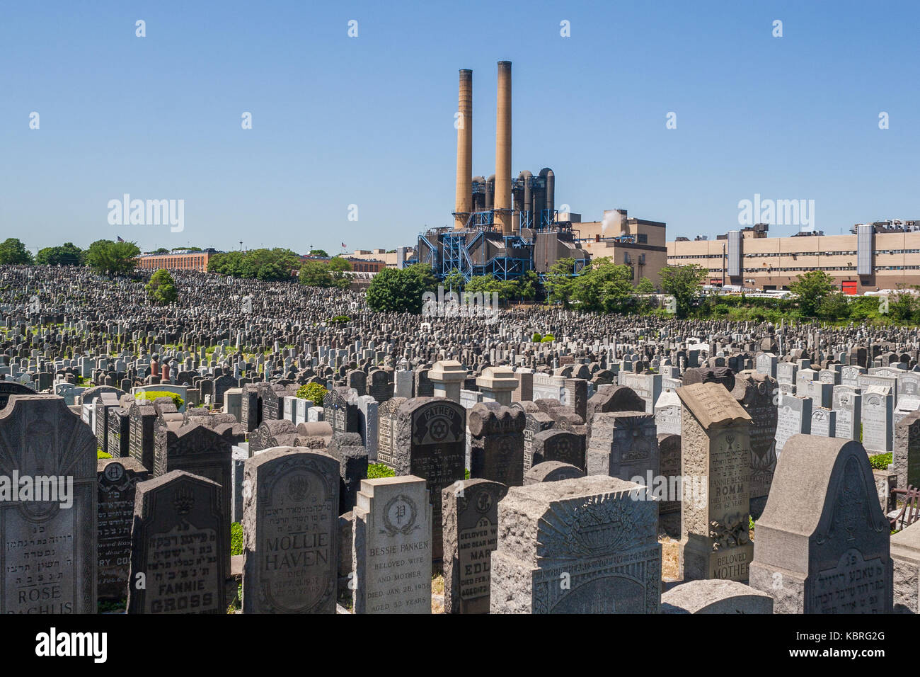 Gravestones at Mount Zion Cemetery in Maspeth, Queens with power Stock
