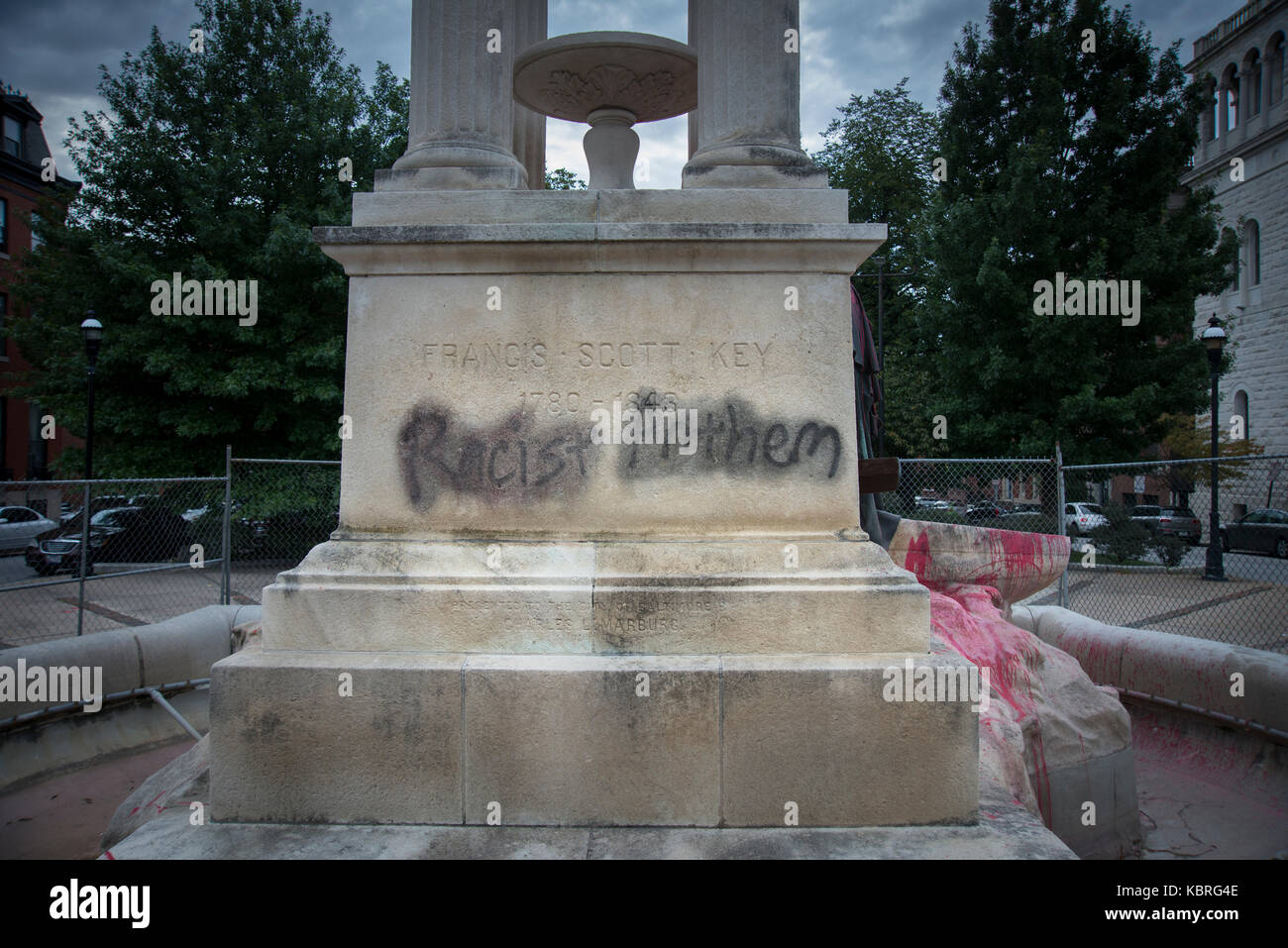 Racist Anthem spray painted on Francis Scott Key statue in Baltimore city which recently removed three monuments honoring Confederate figures Stock Photo