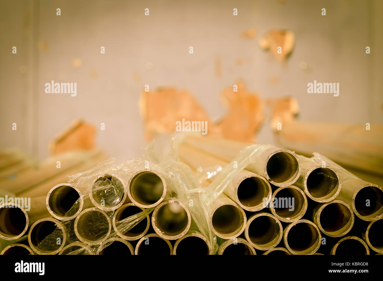 Stack of Many Pipes at the Construction Site Stock Photo