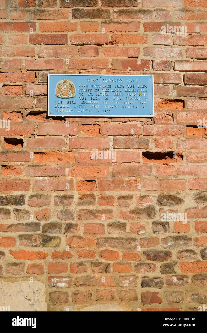 Street scene from Gloucester,England. Plaque marking King Edward's Gate