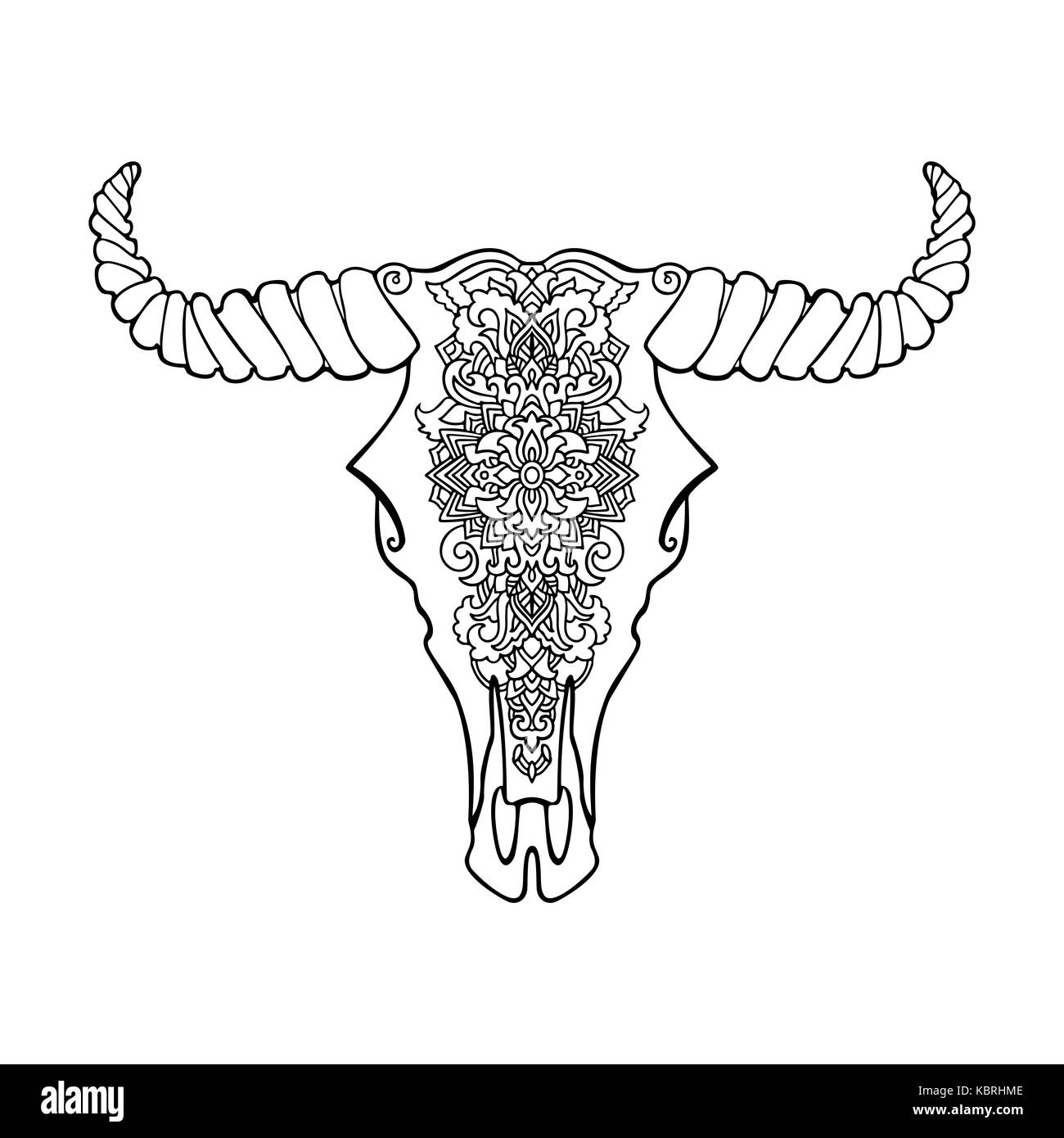 Mandala tattoo style dead cow head. Decorative ornament buffalo skull. Native indian art. black and white illustration. Ethnic sketch design. Tribal boho style pattern. Stock Photo