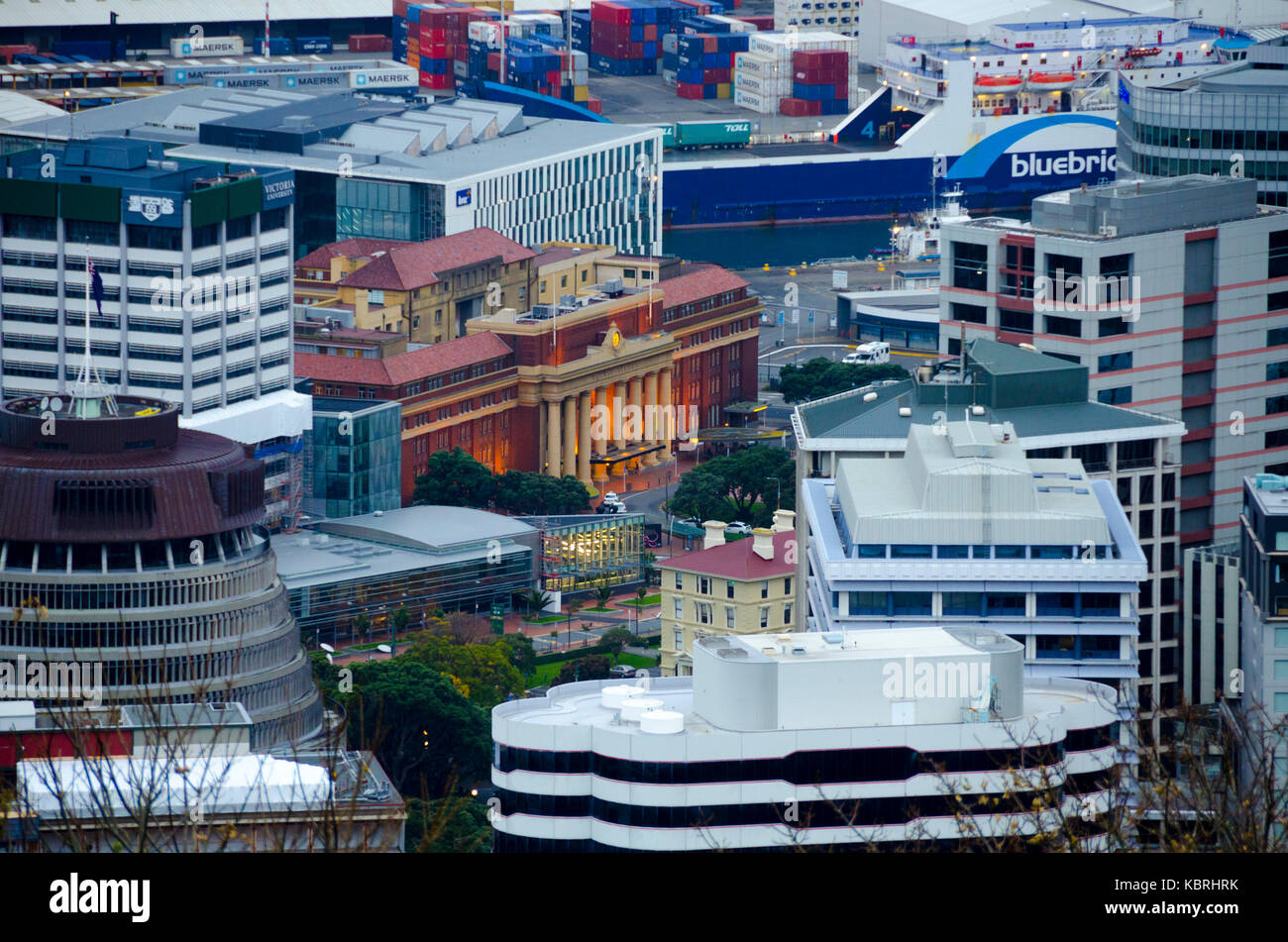 Beehive, Railway Station, Office Buildings and ferry terminal, Wellington, New Zealand Stock Photo
