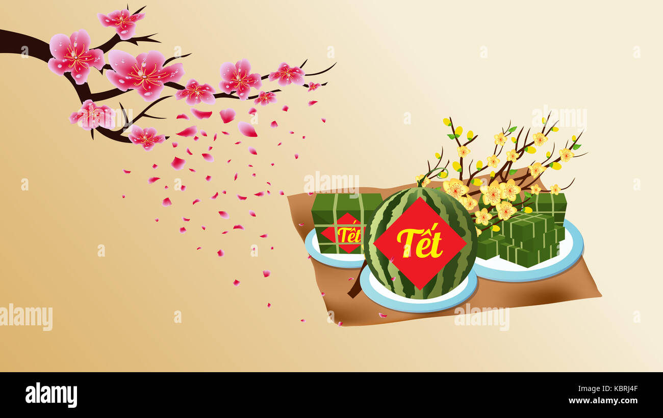 Cooked Square Glutinous Rice Cake And Blossom Wallpapers Vietnamese Stock Photo Alamy