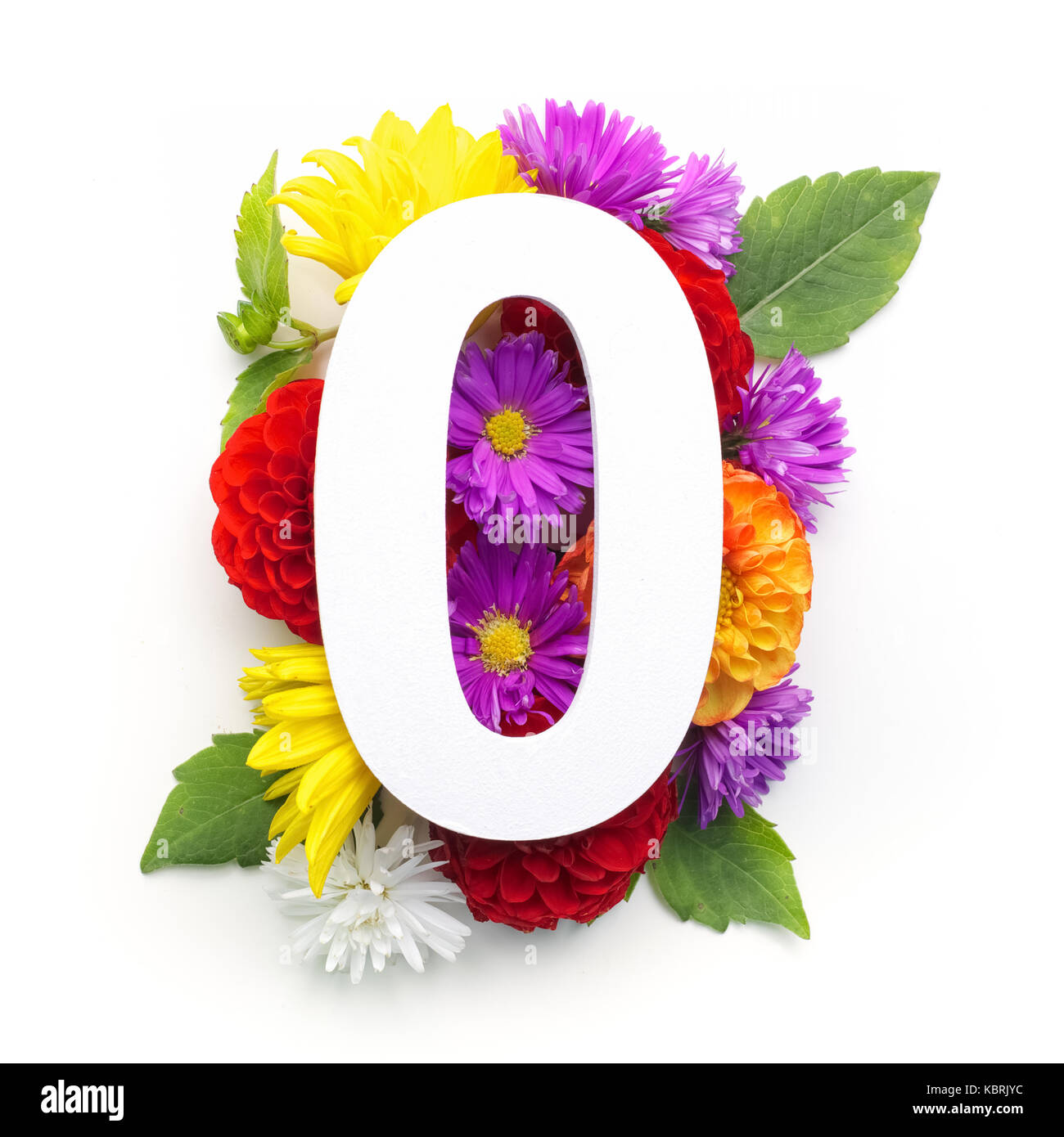 Layout with colorful flowers, leaves and number zero. Flat lay. Top ...