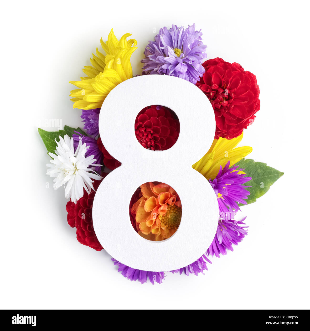 Layout with colorful flowers, leaves and number eith. Flat lay. Top view. Stock Photo