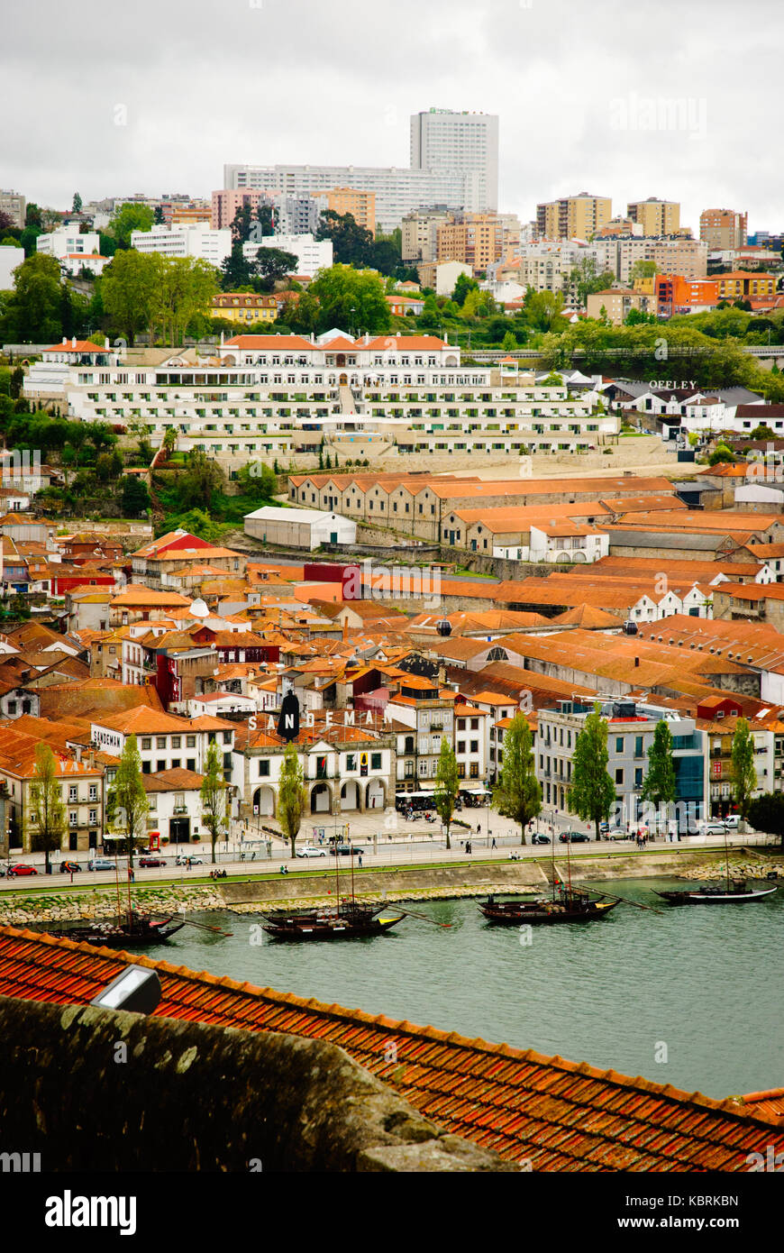 PORTO, PORTUGAL - APRIL 21, 2012 - View towards wine cellars of Porto wine.  Port wine is a Portuguese fortified wine produced exclusively in the Dour Stock Photo