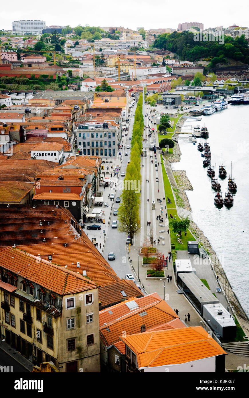 PORTO, PORTUGAL - APRIL 21, 2012 - View towards wine cellars of Porto wine.  Port wine is a Portuguese fortified wine produced exclusively in the Dour Stock Photo