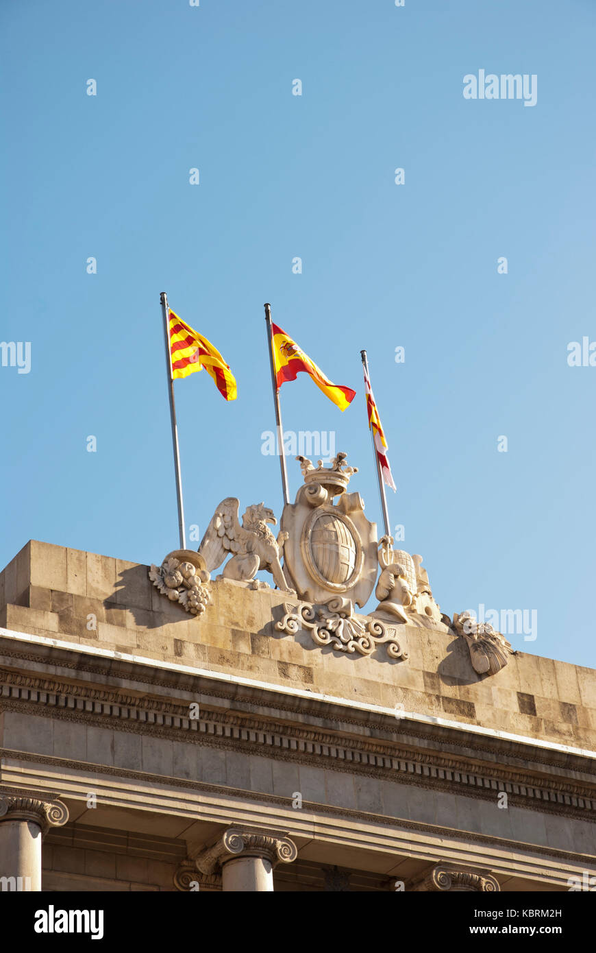 Flags on Barcelona's city hall, Catalonia, Spain Stock Photo