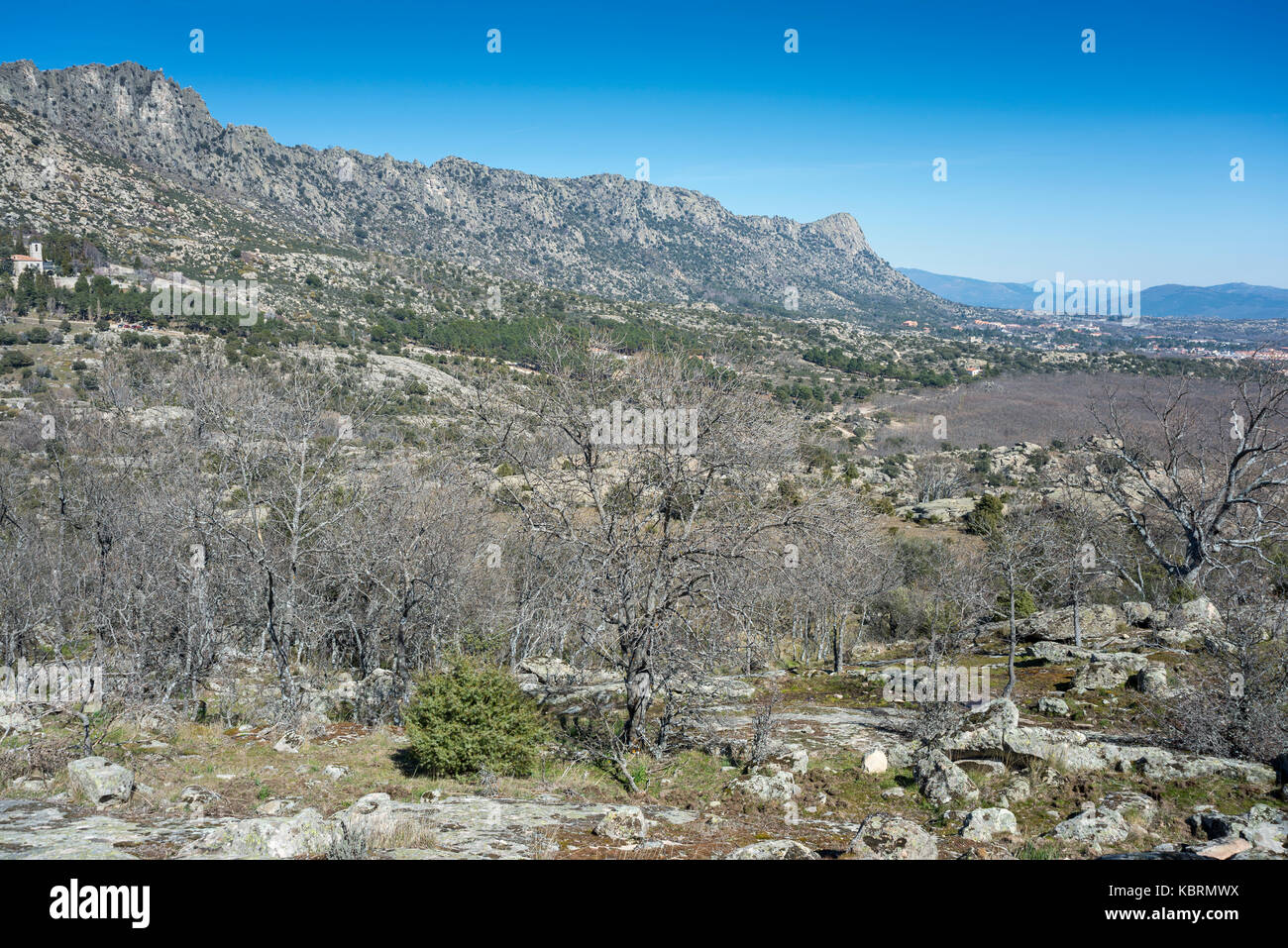 Views of La Cabrera Range, in Madrid, Spain. It can be seen the Convent of San Antonio, and the Honey Peak (Pico de la Miel, in Spanish). Stock Photo