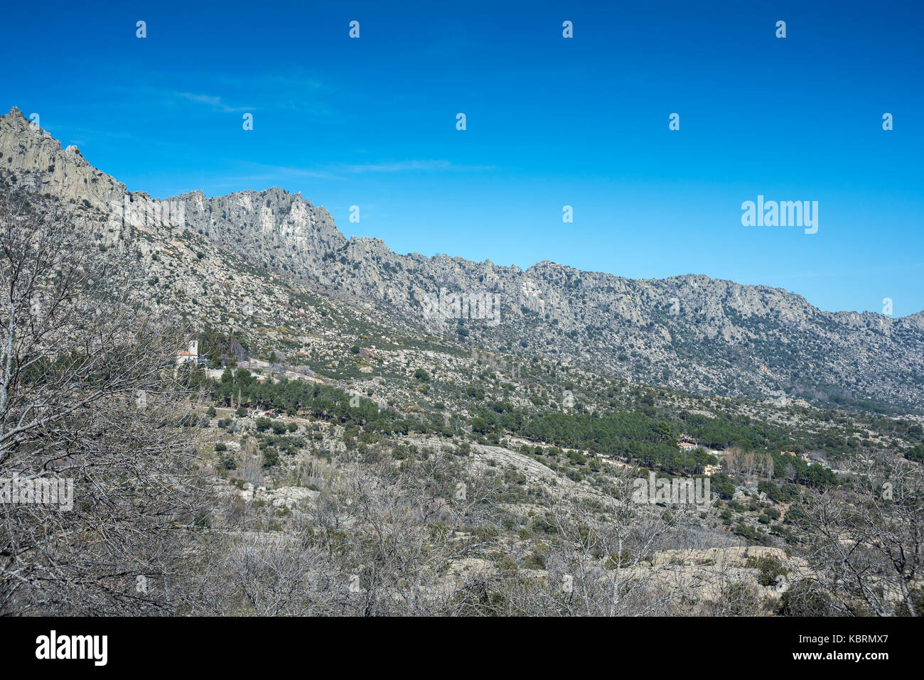 Views of La Cabrera Range, in Madrid, Spain. It can be seen the Convent of San Antonio. Stock Photo